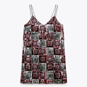 NEW Zara V-Neck Strappy Festive Holiday NYE Square Sequin Mini Dress, Women's XS